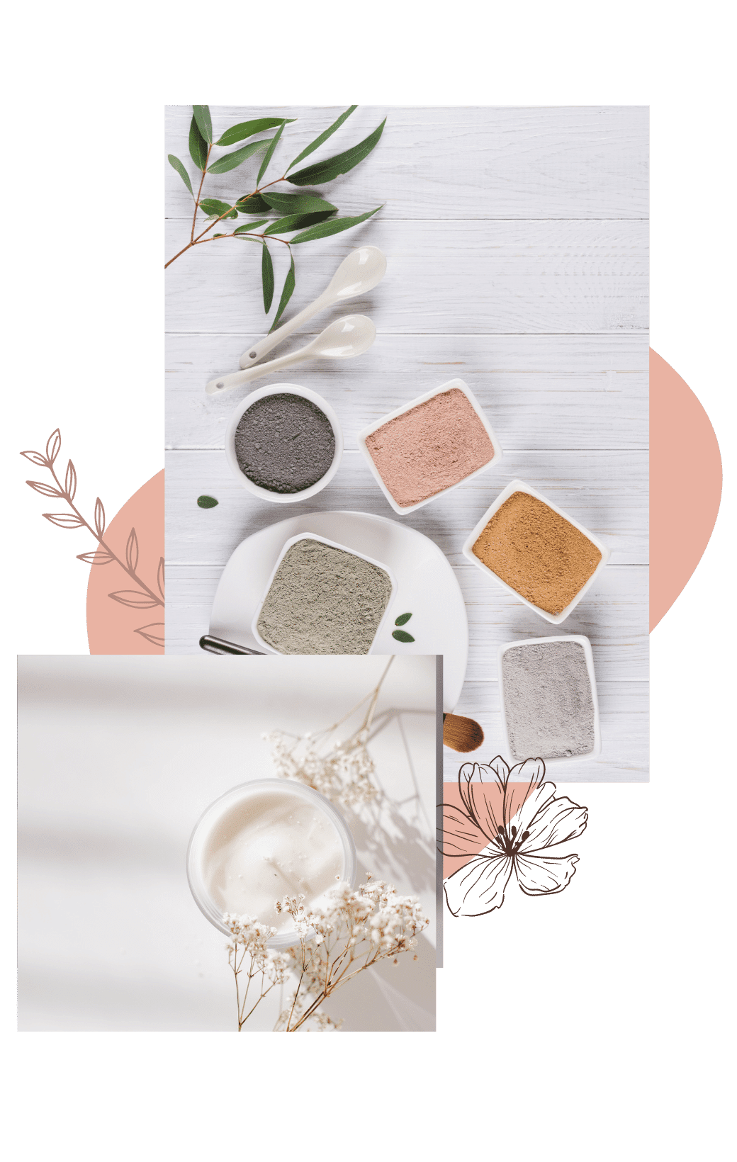 WEBSITE - Aspire Contact Page image (5) Aspire Beauty and Body - a white desk with some gum leaves, ceramic spoons and 4 bowls of coloured mineral makeup on it. one of the bowls is sitting on a plate next to a makeup brush and a sprig of plant